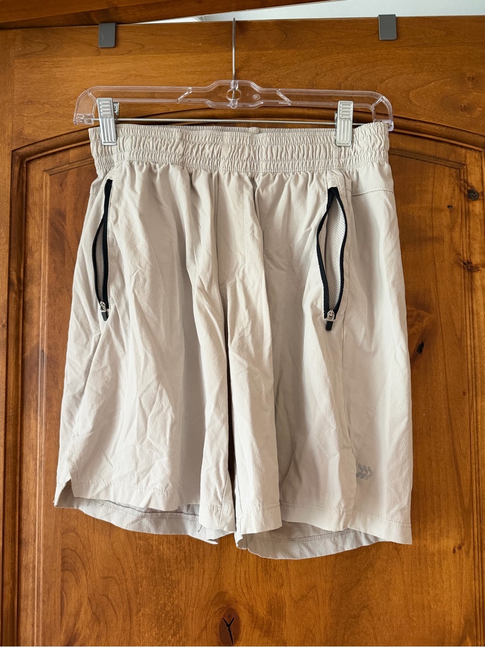 all in motion Light Beige Men’s Athletic Shorts with Black Trim Zippers